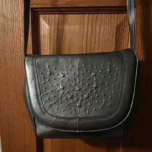 ✨ Stuart Weitzman Metallic Gray Leather Studded Crossbody Bag ✨